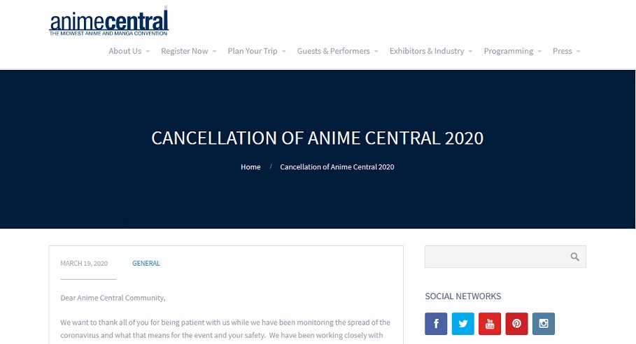 Anime Central 2020が、新型コロナウイルスの影響で開催中止に