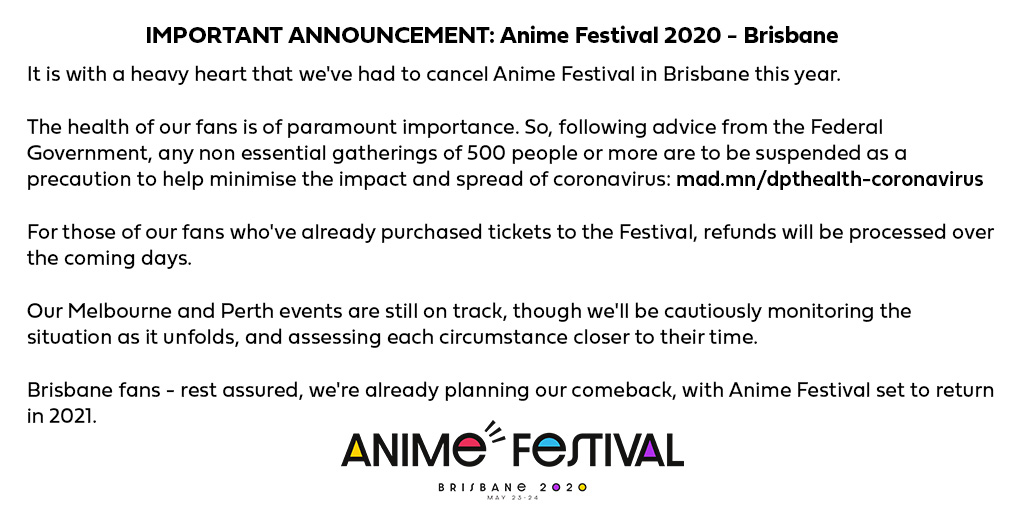 Anime Festival Brisbane 2020がイベント開催中止に