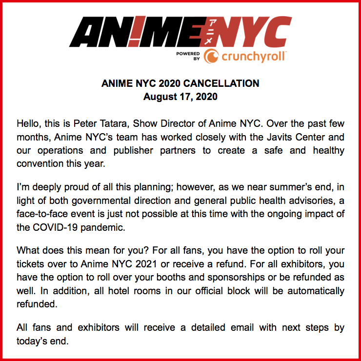 Anime NYC 2020が、新型コロナウイルスの影響で中止に